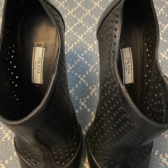 Prada Black Perforated Leather Open Toe Ankle Strap Heeled booties Size 8B - Picture 4 of 5